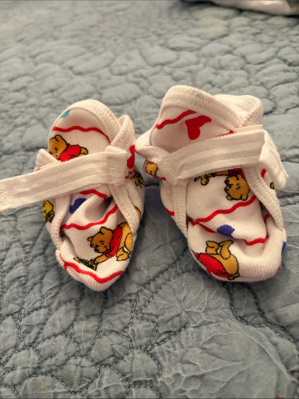 Vintage White Baby Booties with Red & Yellow Winnie-the-Pooh Print